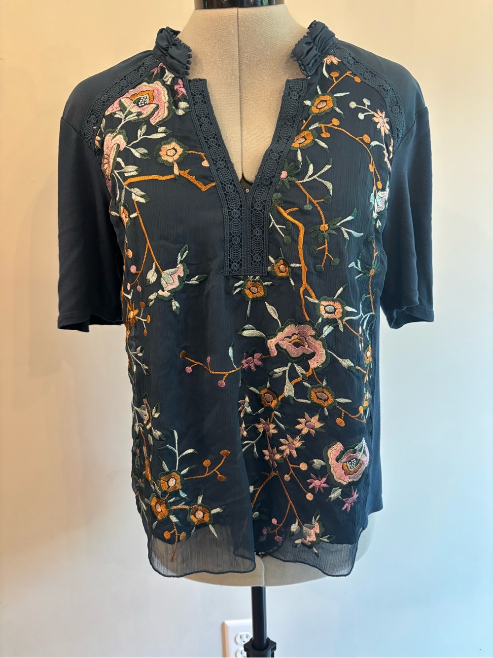 Navy Floral Embroidered Split V-Neck Women's Blouse